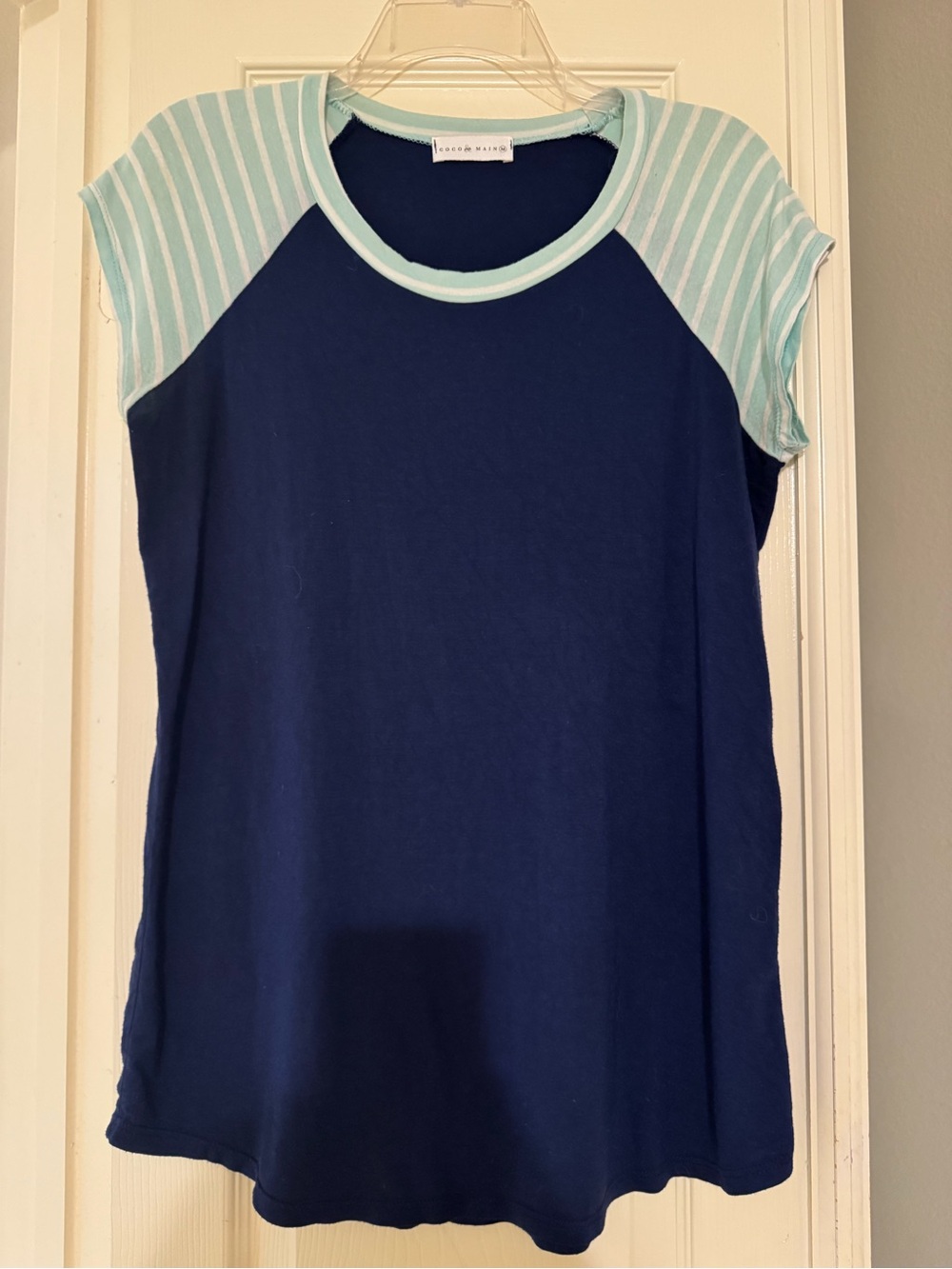 Coco & Main Rayon blend Navy Tee with Mint Stripe Cap Sleeves